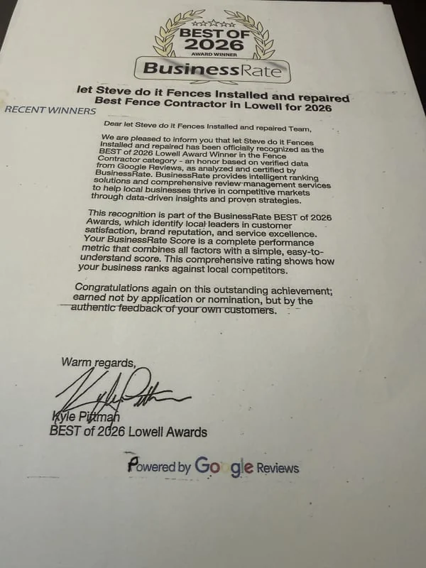 BusinessRate Best of 2026 award naming Let Steve Do It the Best Fence Contractor in Lowell