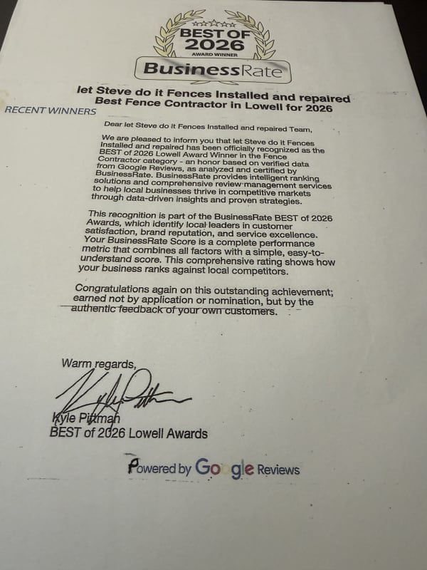 BusinessRate Best of 2026 award naming Let Steve Do It the Best Fence Contractor in Lowell
