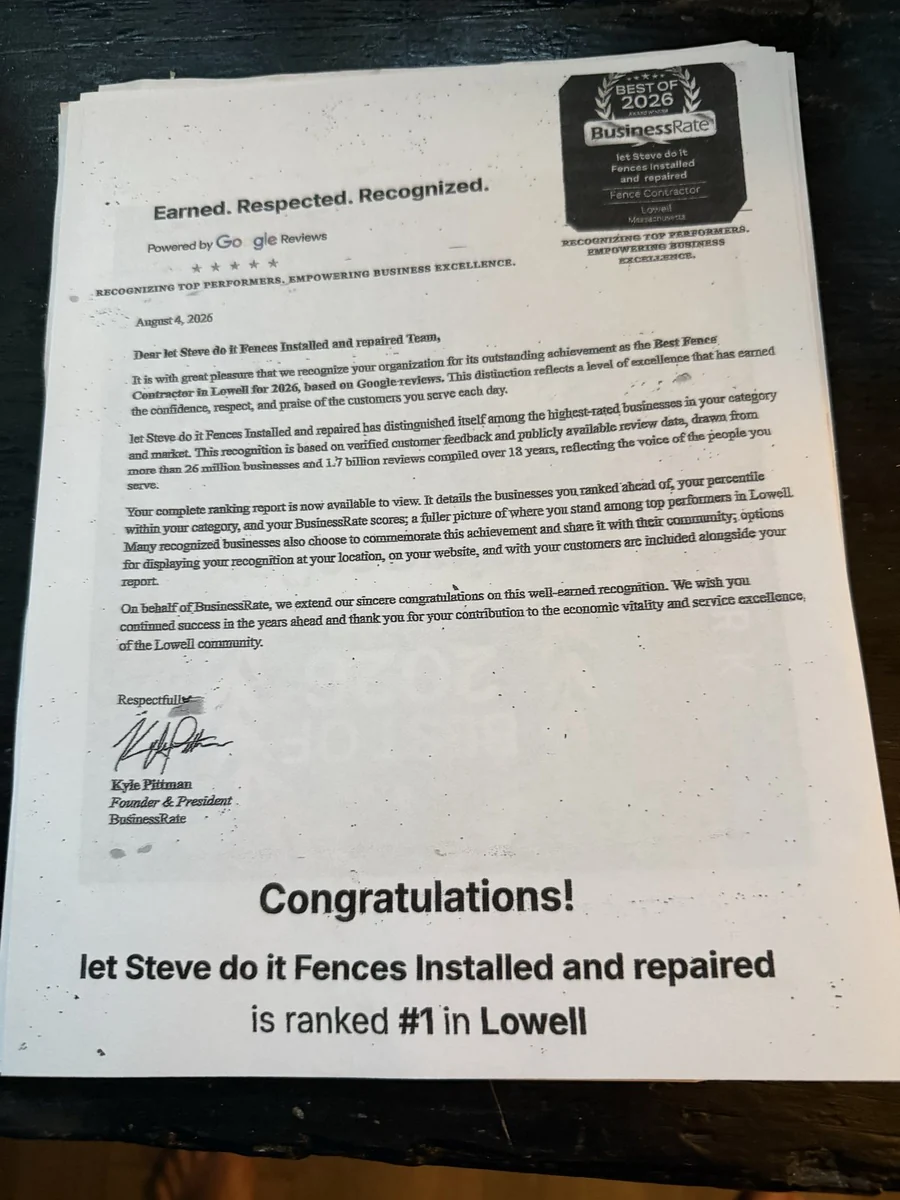 BusinessRate letter confirming Let Steve Do It is ranked #1 fence contractor in Lowell for 2026