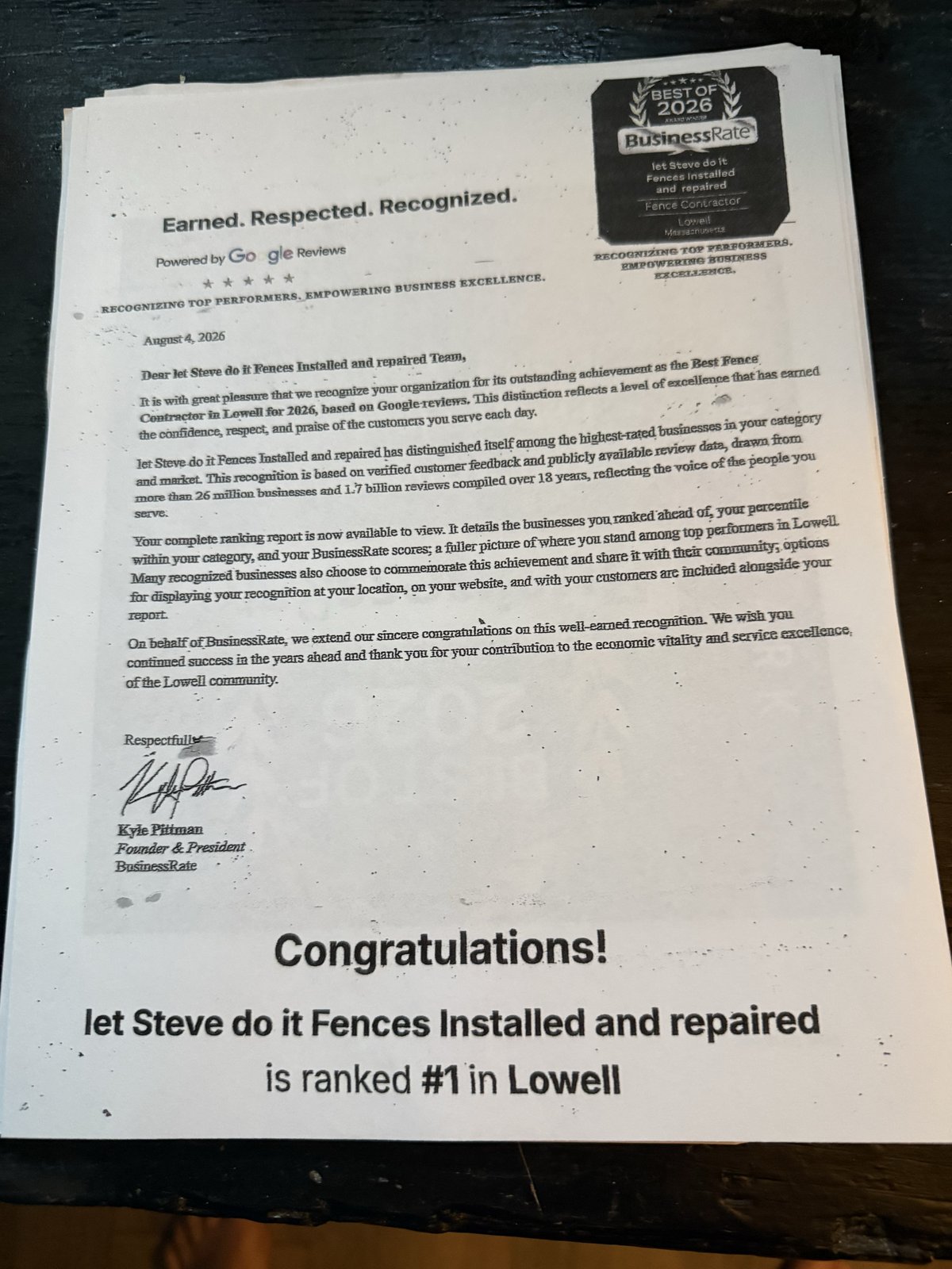 BusinessRate letter confirming Let Steve Do It is ranked #1 fence contractor in Lowell for 2026